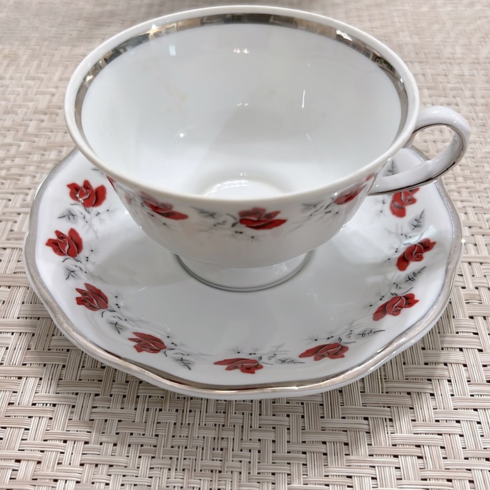 Favolina Vintage Fine China Red Rose with silver trim Cup & Saucer